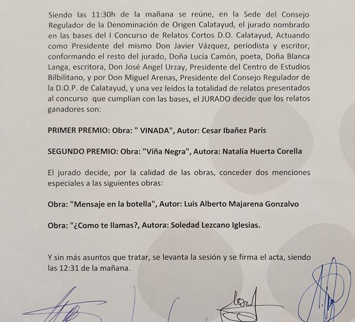 FALLO DEL JURADO DEL I CONCURSO DE RELATOS CORTOS D.O. CALATAYUD.