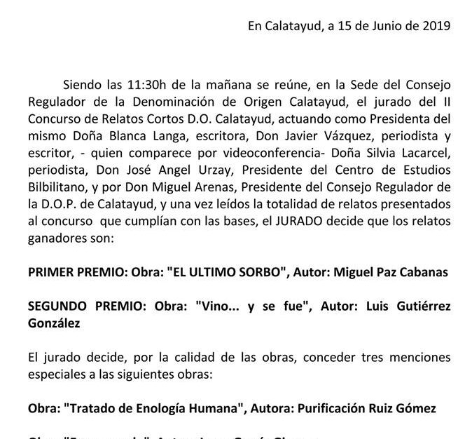MIGUEL PAZ CABANAS, DE LEON, GANA EL II CONCURSO DE RELATOS CORTOS D.O. CALATAYUD